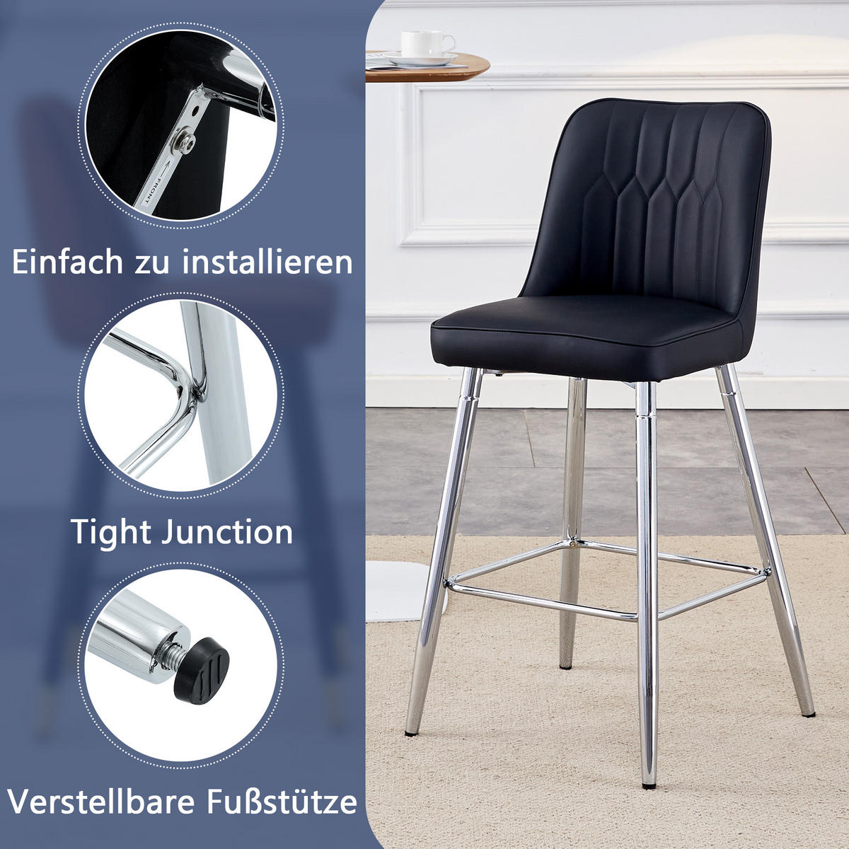 BARHOCKER 2er-Set Schwarz mit PU-Leder und Fußraste - Schwarz, Metall (42/100/45cm) - PANGIVO