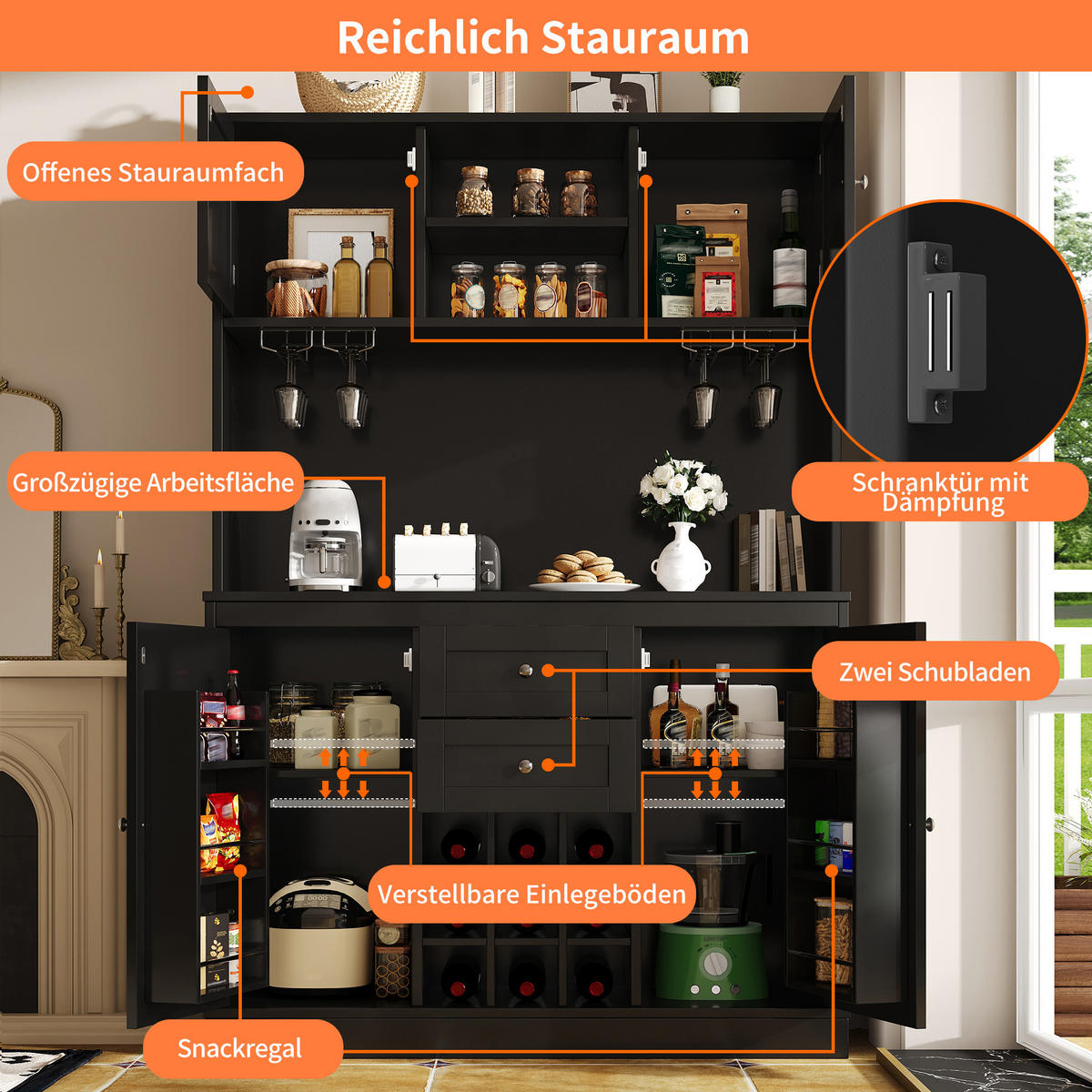 KÜCHENSCHRANK in Schwarz mit verstellbaren Ablagen und Weinregal für Küche, B120/T40/H188 cm - Schwarz, Holzwerkstoff/Metall (120/188/40cm) - STILVORA