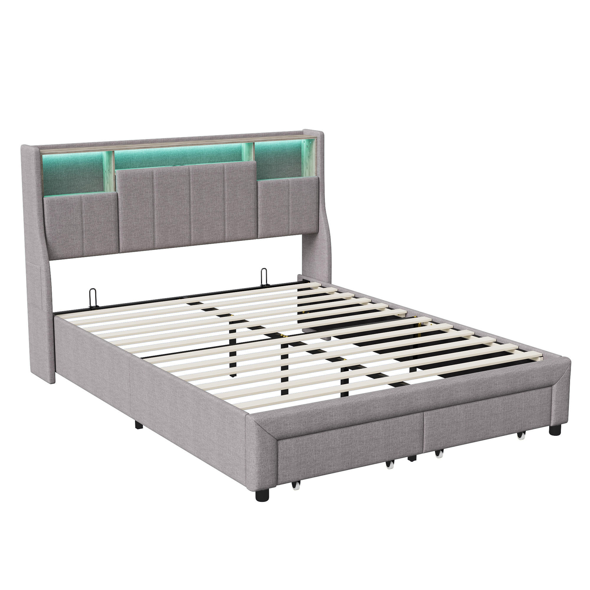 POLSTERBETT 160x200 cm LED USB 2 Schubladen Lattenrost grau - Grau, Holz (160/200cm) - LEBENLANG