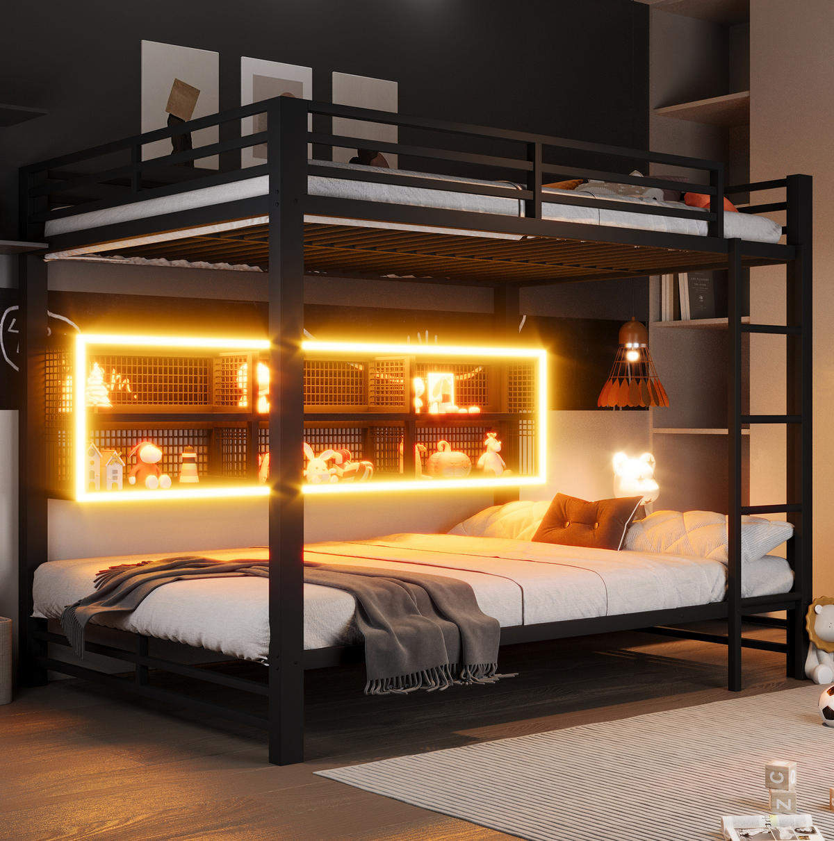 ETAGENBETT aus Metall 140x200 cm Schwarz mit 6 Stauraumschränken, Schutzgittern und LED-Beleuchtung - Schwarz, Metall (140/200cm) - Modfu