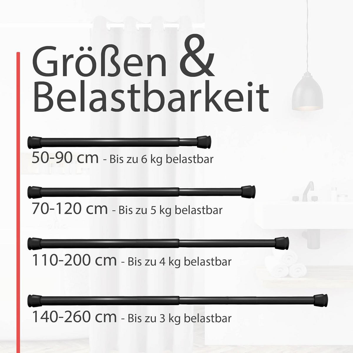 DUSCHSTANGE Neptun 140-260cm Schwarz - Schwarz, Metall (140cm) - BoMoe