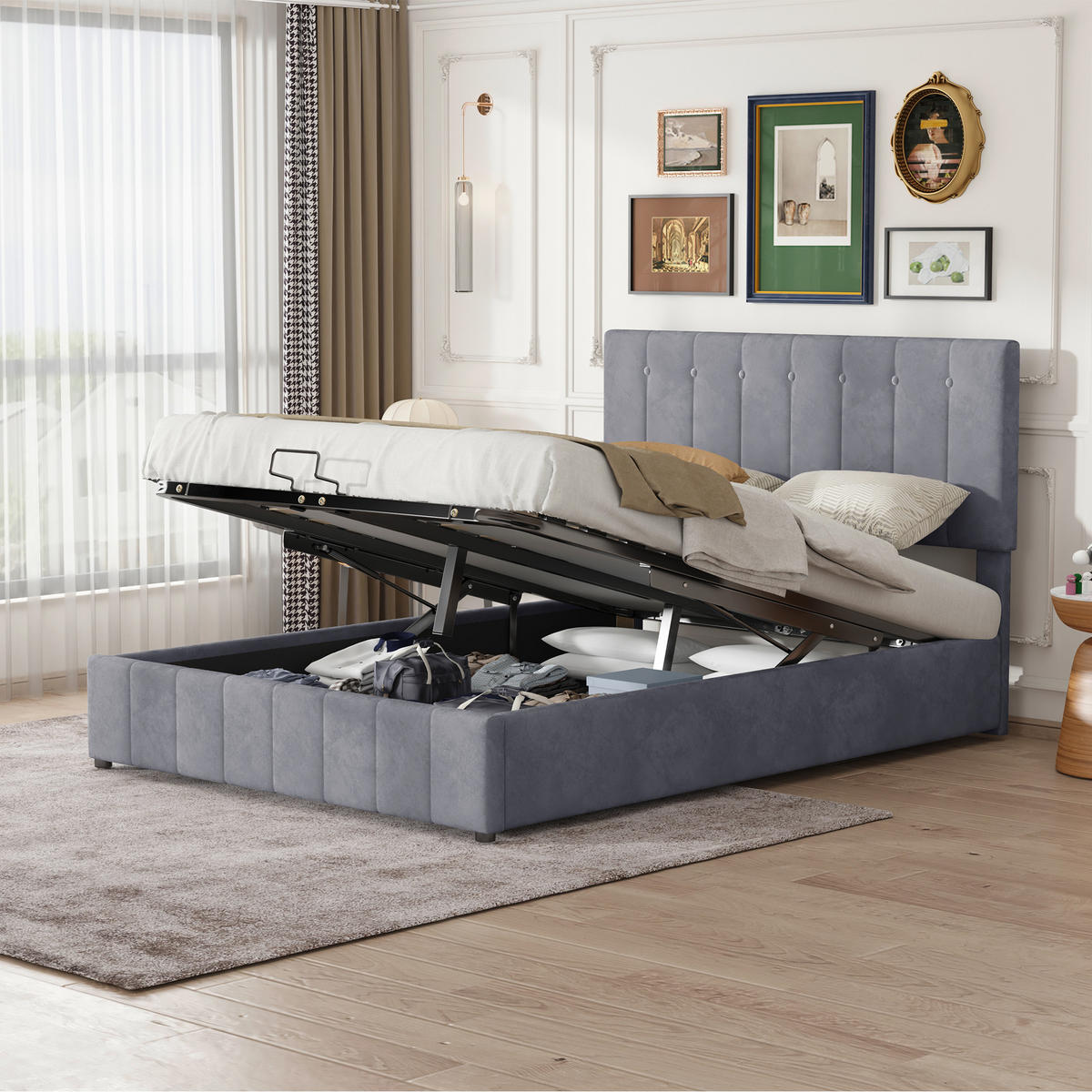 POLSTERBETT 140/200 cm grau mit hydraulischem Stauraum und höhenverstellbarem Kopfteil - Grau, Textil (140/200cm) - OKWISH