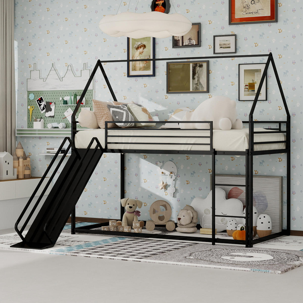 ETAGENBETT 180/200 cm schwarz aus Eisen mit Rutsche und Spielhausdesign - Schwarz, Metall (180/200cm) - OKWISH