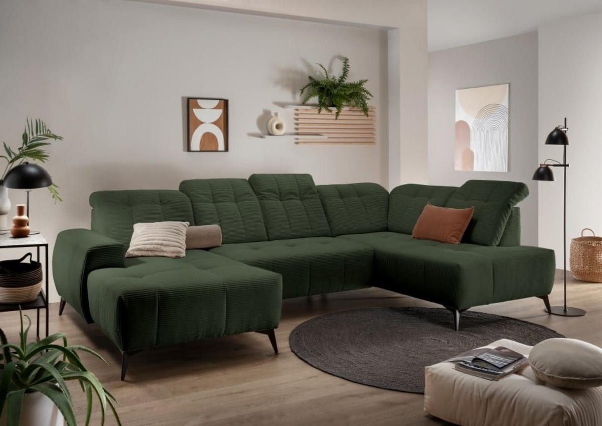 WOHNLANDSCHAFT mit elektrisch verstellbare Relaxfunktion, Cord-Stoff - Schwarz/Grün, Textil/Metall (200/104/337cm) - myHomelando