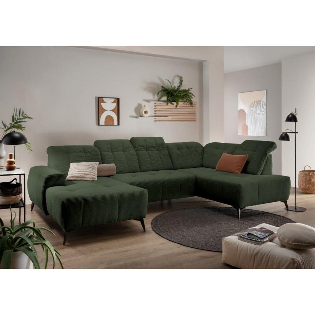 Thumbnail - myHomelando Wohnlandschaft, Grün, Textil, Baum/Pflanze/Natur, 5-Sitzer, U-Form,L-Form, 200x104x337 cm, Wohnzimmer, Sofas...