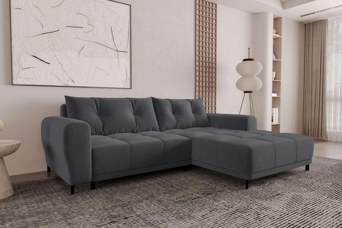 ECKSOFA Massimo Cordstoff Graphitfarben inkl. Schlaffunktion Rechts - Schwarz/Graphitfarben, Textil/Metall (246/177cm) - 99rooms