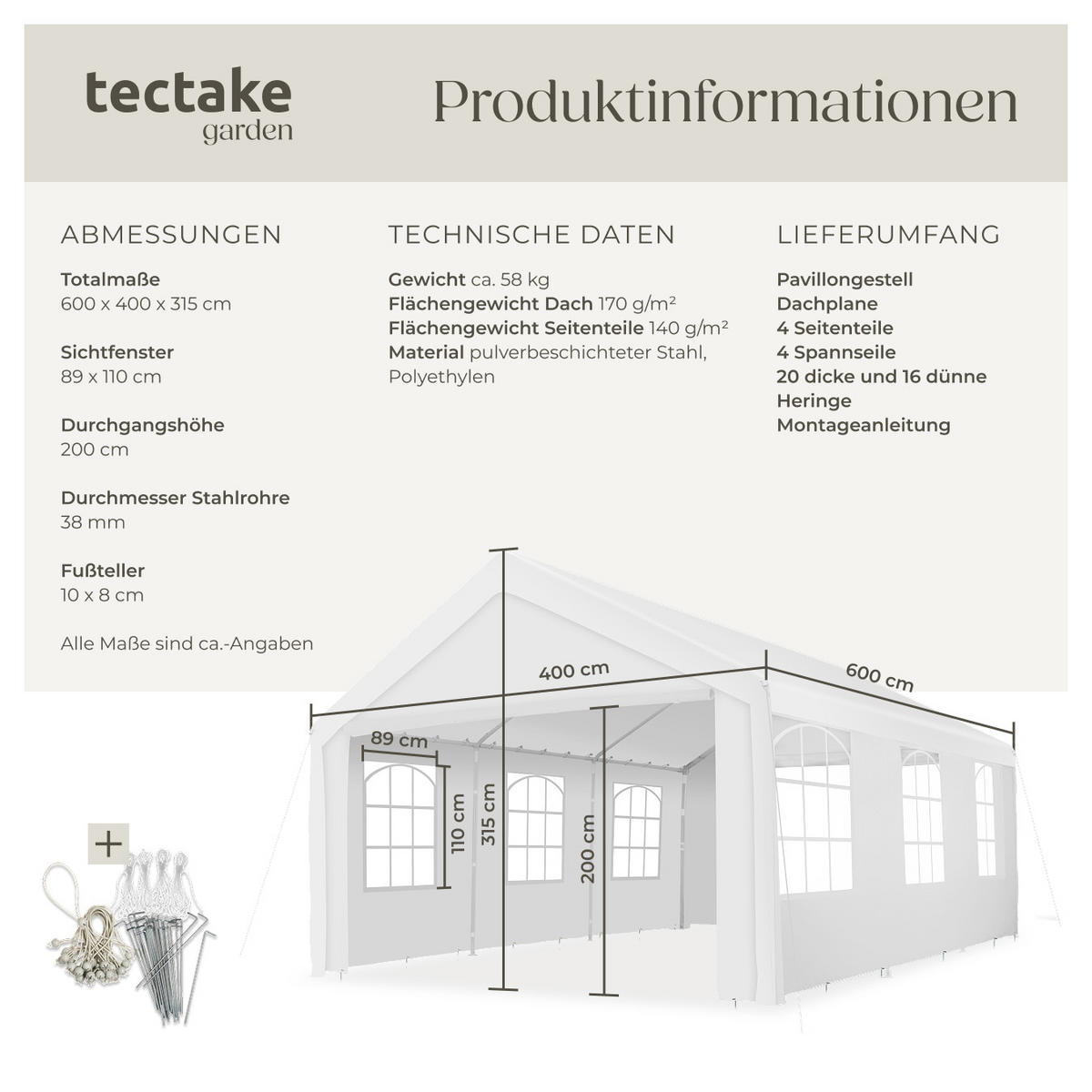 PAVILLON Jasko,inklusive Spannseilen und Heringen,weiß - Weiß, Kunststoff (400/315/600cm) - tectake