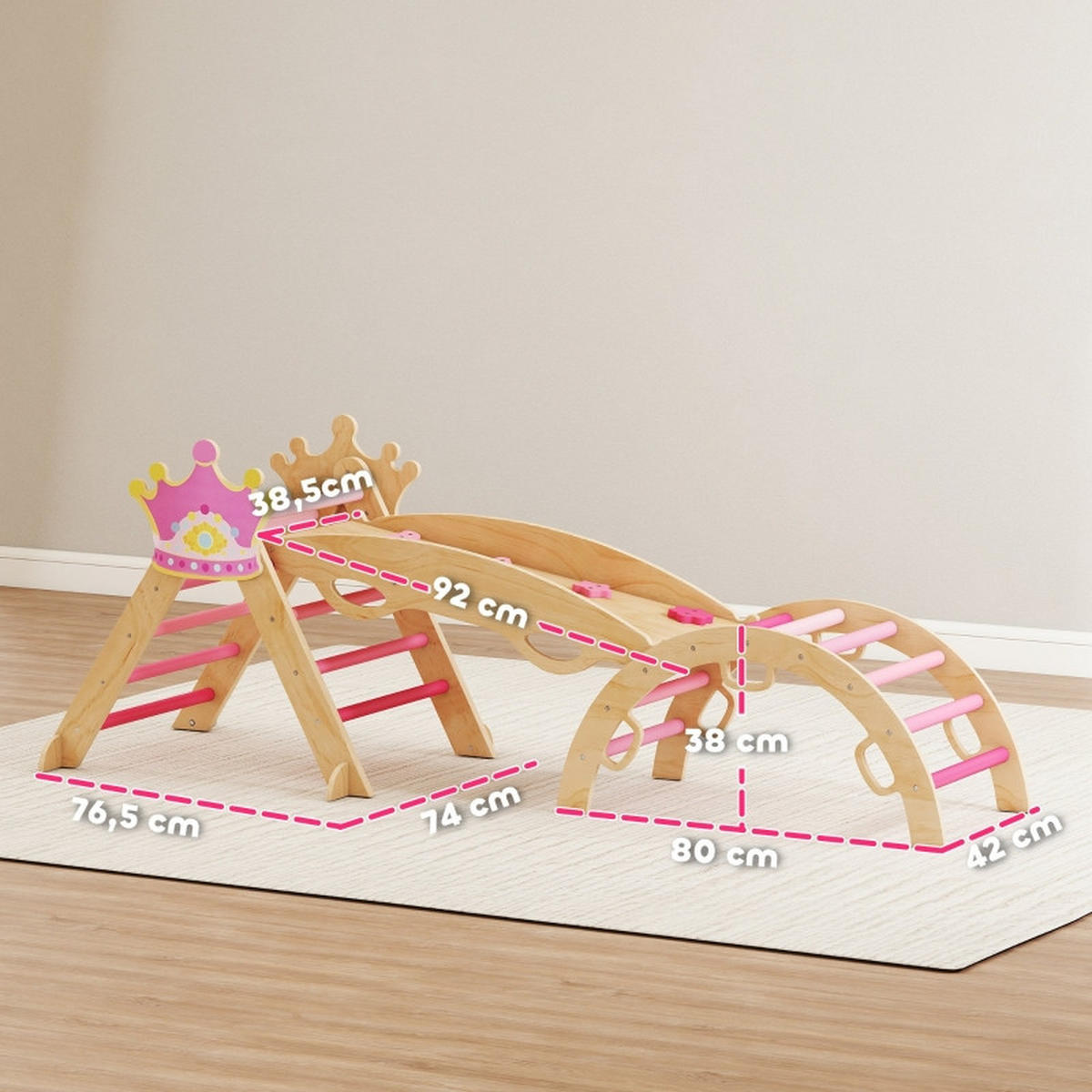 INDOOR-KLETTERGERÜST für Kinder 8-in-1 , Prinzessinnen-Design, mit Rutsche, Rampe, Bogen, Holz - Pink, Holz (42/160cm) - Hauptrolle