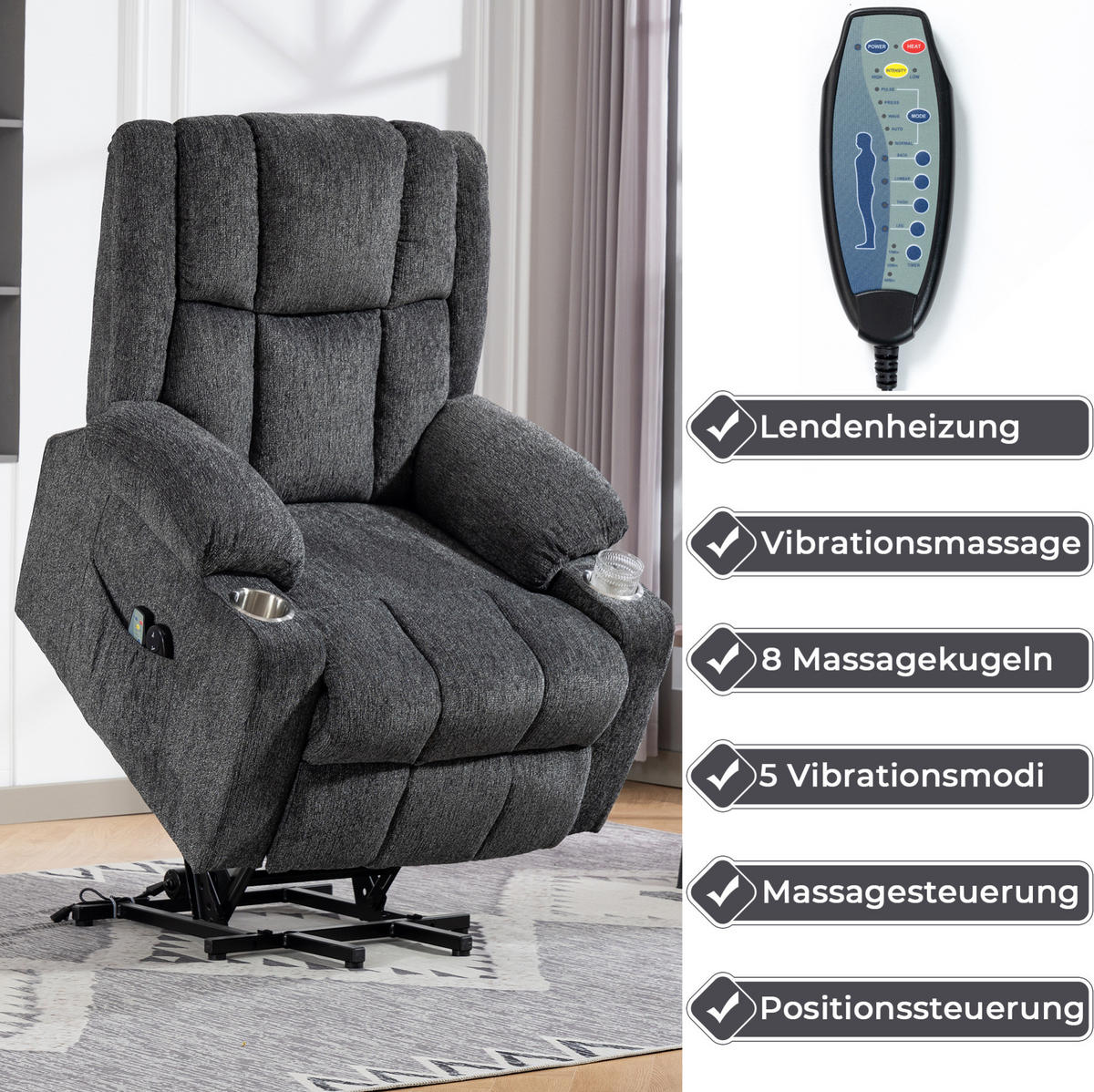 ELEKTRISCHER Relaxsessel Samt mit Aufstehhilfe, Massage, Wärme 91/84/106 cm Dunkelgrau - Dunkelgrau, Textil (84/106/91cm) - Redom