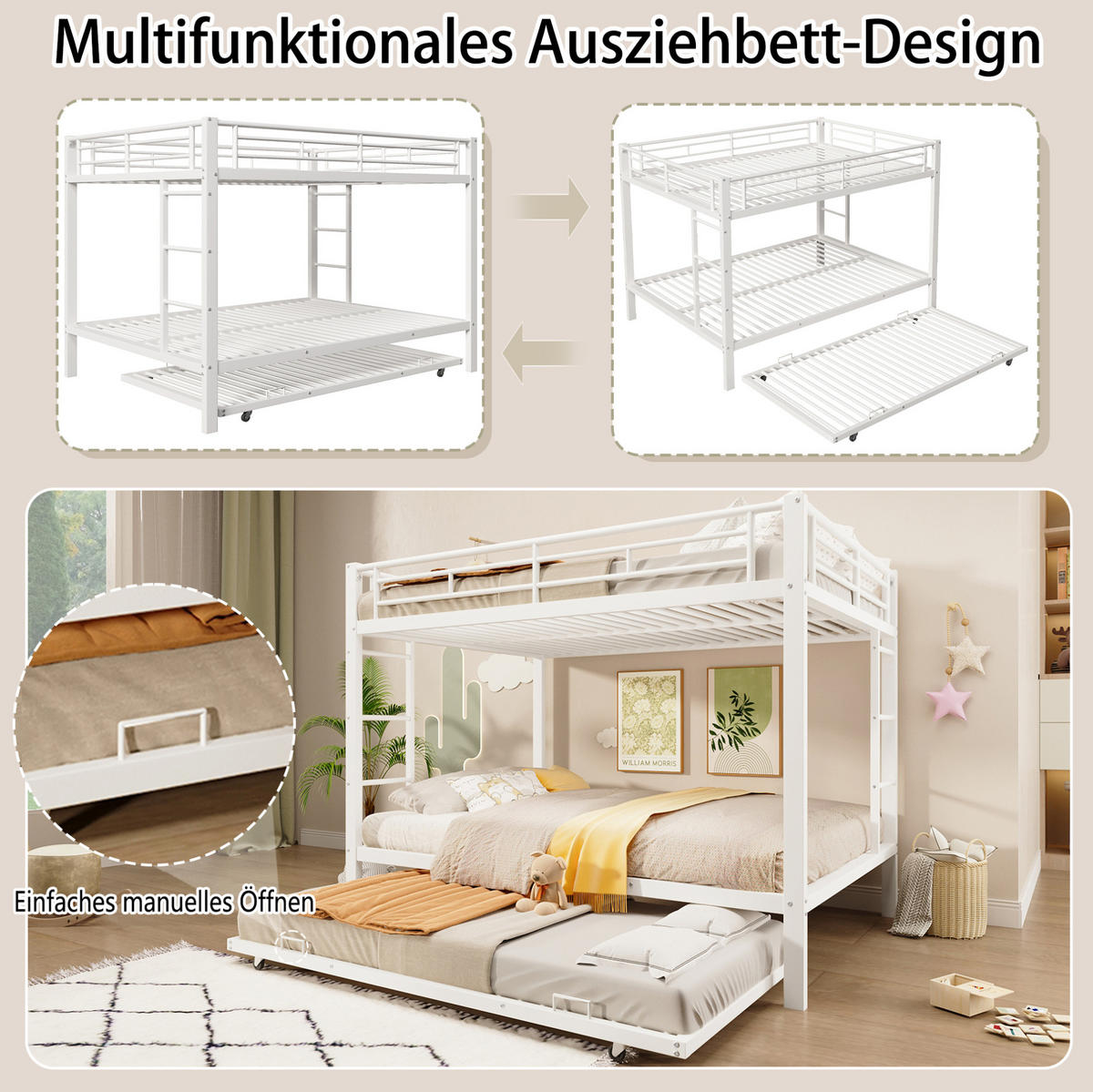 ETAGENBETT 140/200 cm aus Metall mit Ausziehbett in Weiß - Weiß, Metall - BEAOK