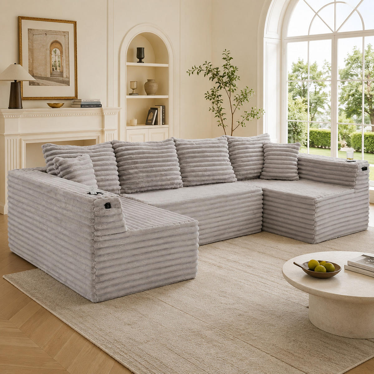 WOHNLANDSCHAFT Hellgrau 320/155/88 cm 6-Sitzer Cordstoff & Getränkehalter - Hellgrau, Textil (320/88/155cm) - PANGIVO