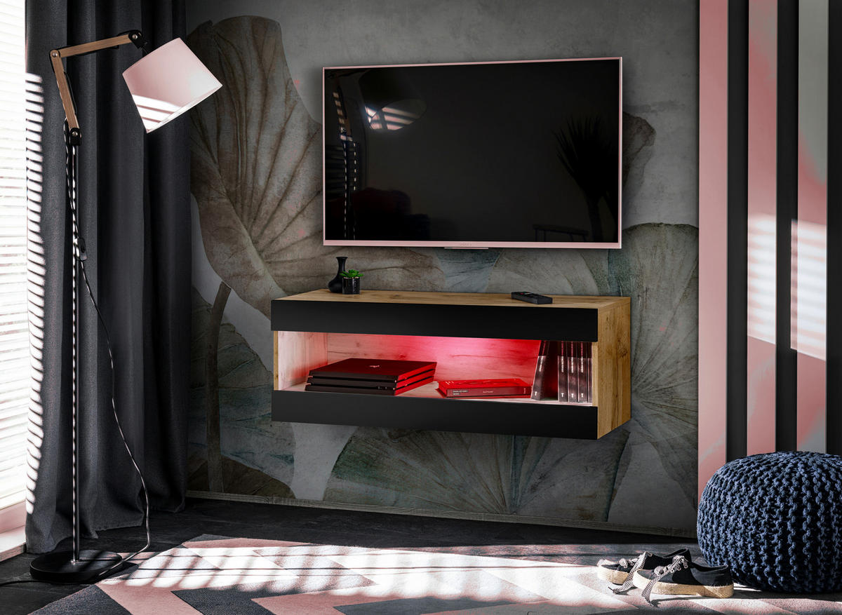 HÄNGEBOARD TV TIVOLI RTV2+RGB Offener Raum Wotan + Schwarz - Eiche Wotan/Schwarz, Glas/Holzwerkstoff (100/36/35cm) - Komodee