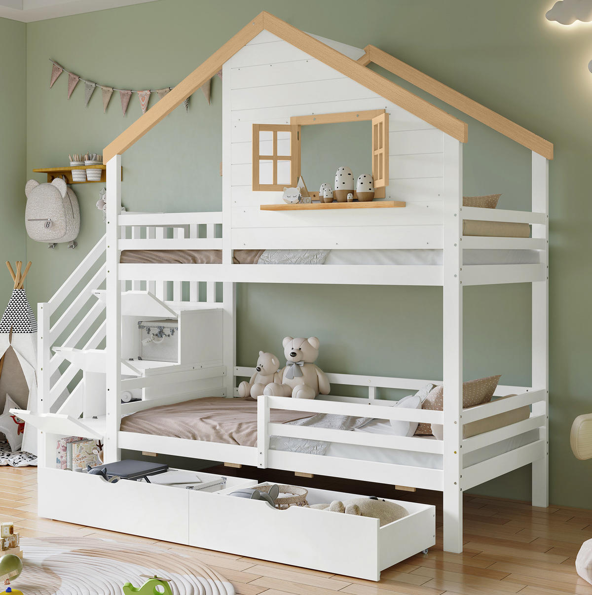 ETAGENBETT Weiß/Natur 90/200 cm mit Treppe und Stauraum - Weiß, Holz (90/200cm) - MIVRAY