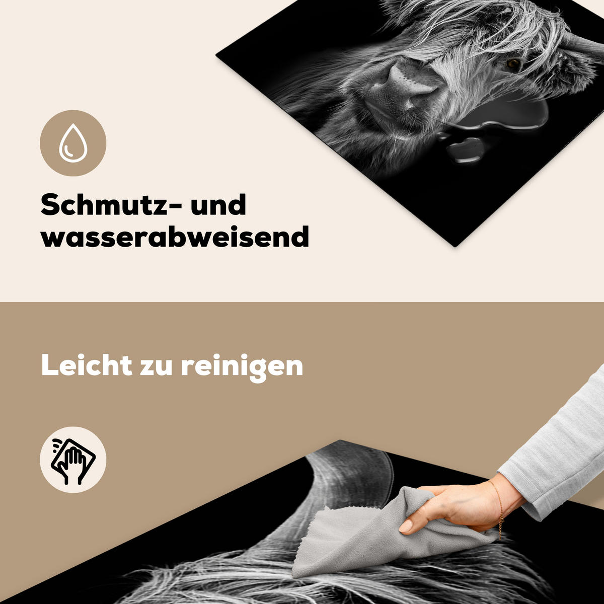 HERDABDECKPLATTE Schottischer Highlander - Hörner - Schwarz - Weiß - Kuh - Wild - Tiere Ceranfeldabdeckung 59x52 cm - Schwarz, Kunststoff (59/52/0.2cm) - MuchoWow