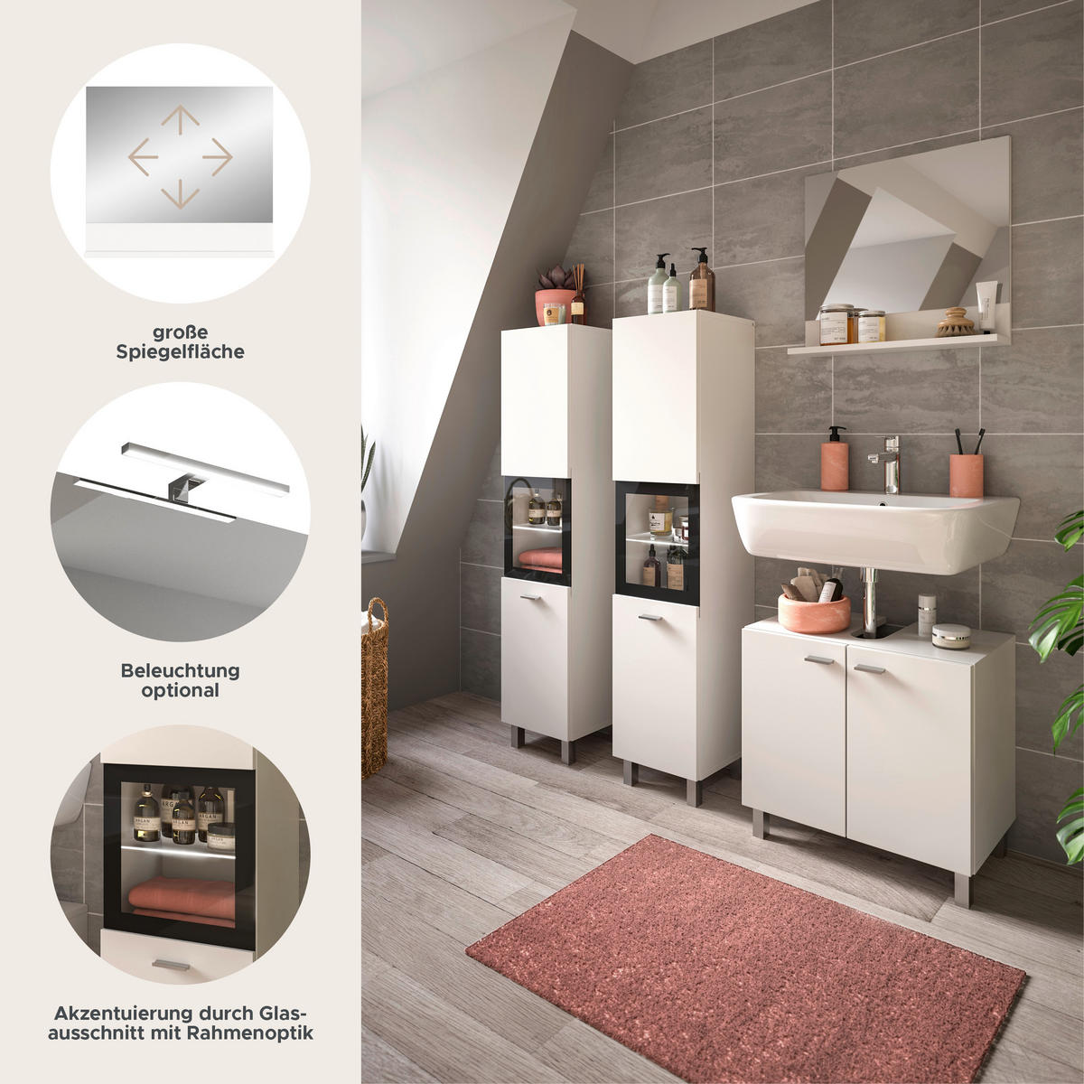 BADKOMBINATION 4tlg. Boston/Tampa Bad in weiß Nachbildung und schwarz B/H/T: 137x186x33 cm - Weiß, Holzwerkstoff (137/186/33cm)