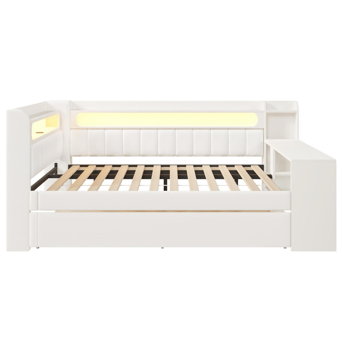 POLSTERBETT 140/200 cm mit LED-Beleuchtung, USB und Ausziehbett in Weiß - Weiß, Holzwerkstoff (140/200cm) - BEAOK