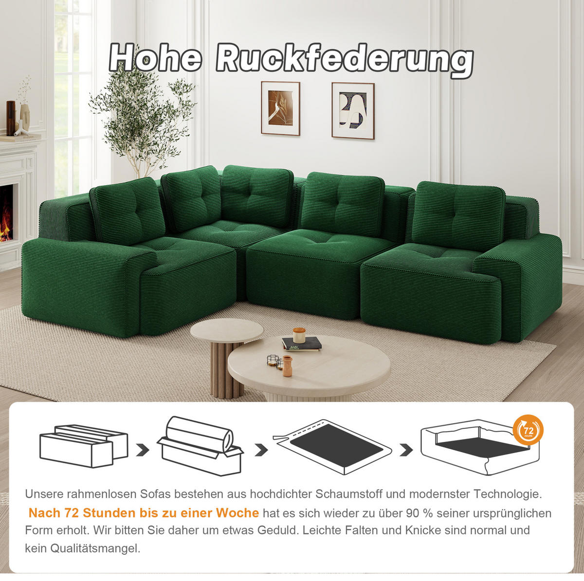 MODULARES Ecksofa aus Cord mit tiefem Sitz Grün - Grün, Textil (104/382cm) - Modenvie