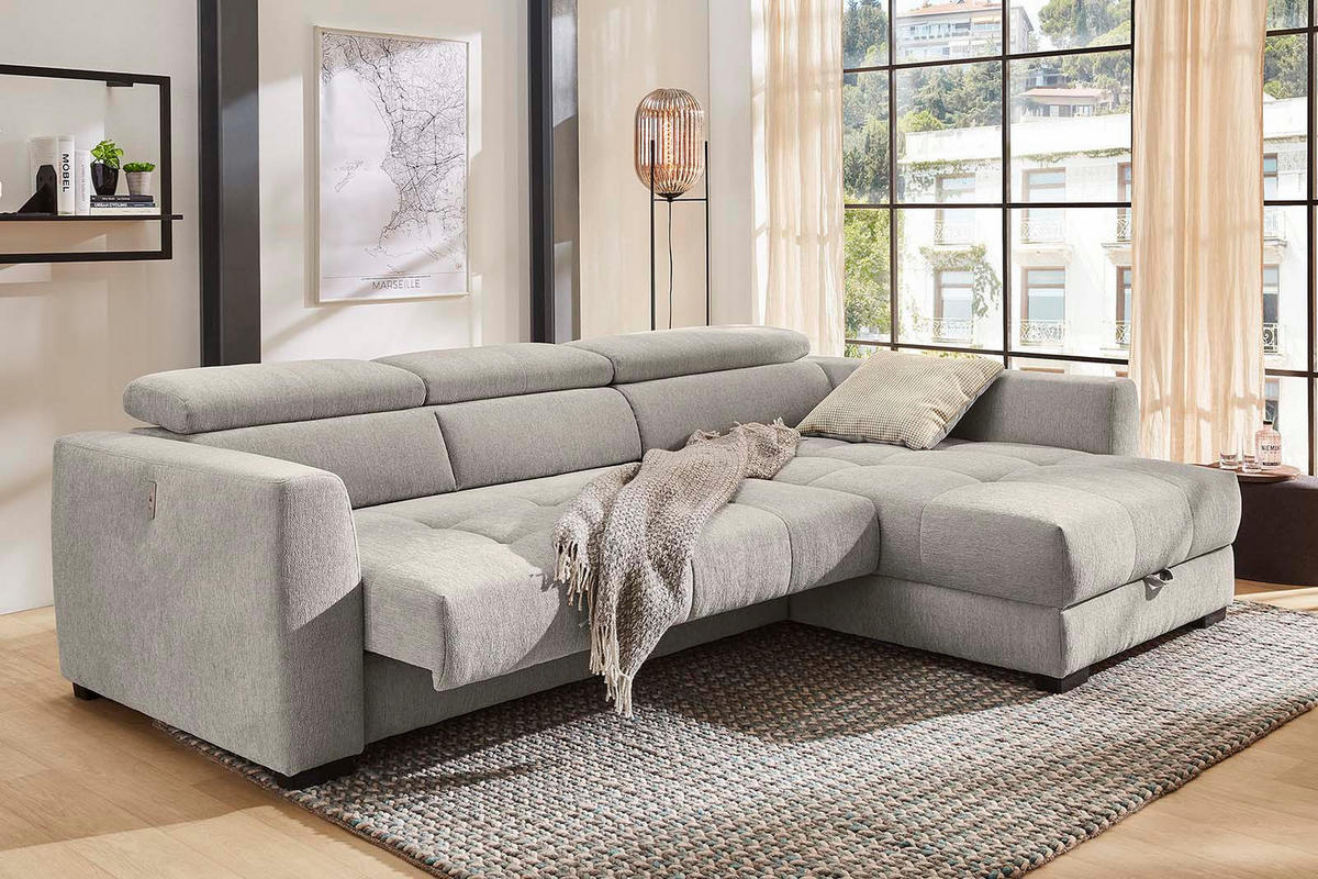 ECKSOFA mit elektrischer Sitztiefenverstellung, Kopflehnen verstellbar, USB-Ladefunktion, Bettkasten B300/T196/H103 cm, Chenille Grau / 15408 - Schwarz/Grau, Kunststoff/Textil (300/196cm) - luma-home