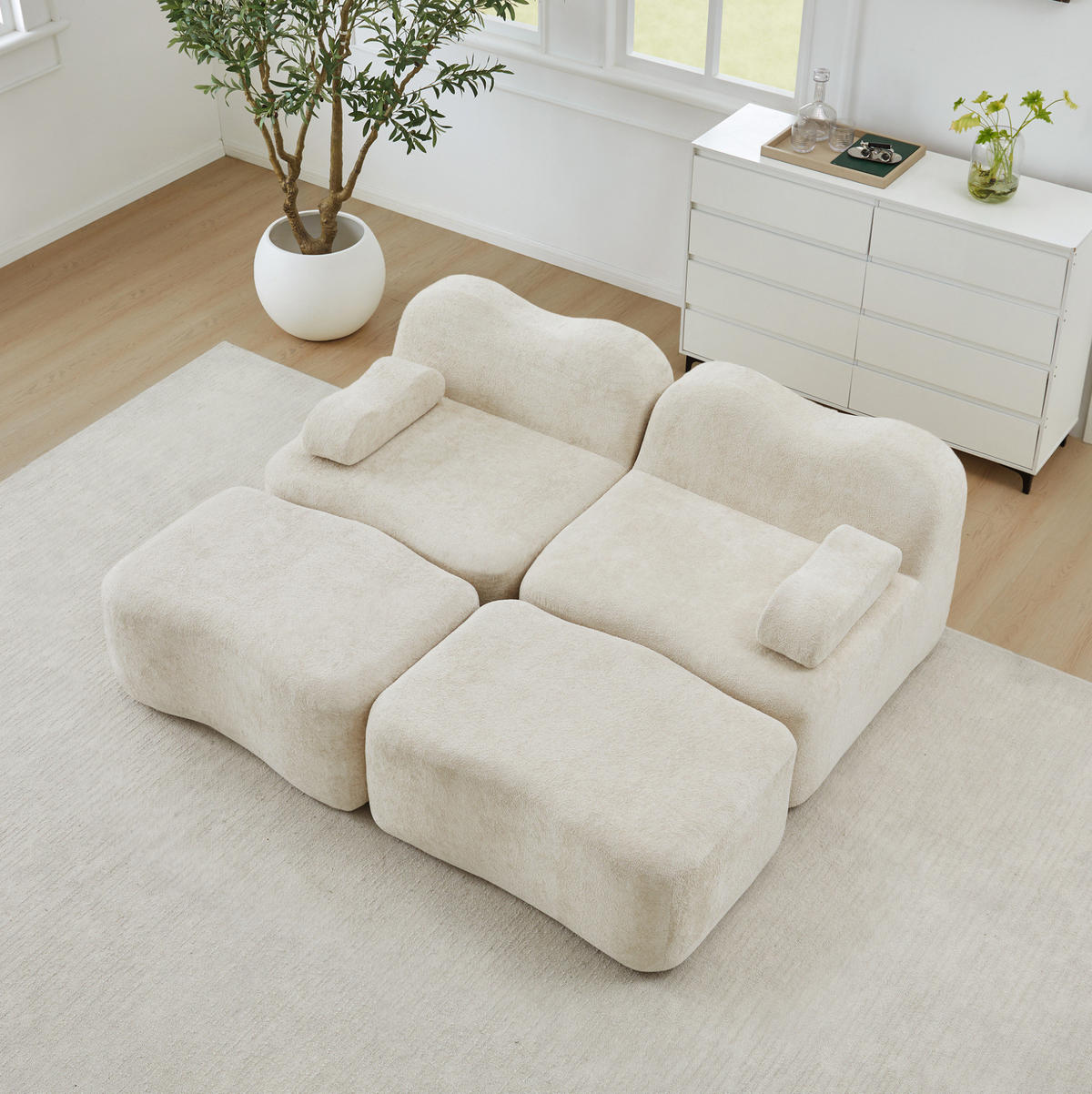 SOFA 192/167/70 cm in Beige aus Samt mit Hockern - Beige, Textil (167/70/192cm) - Flora Grace