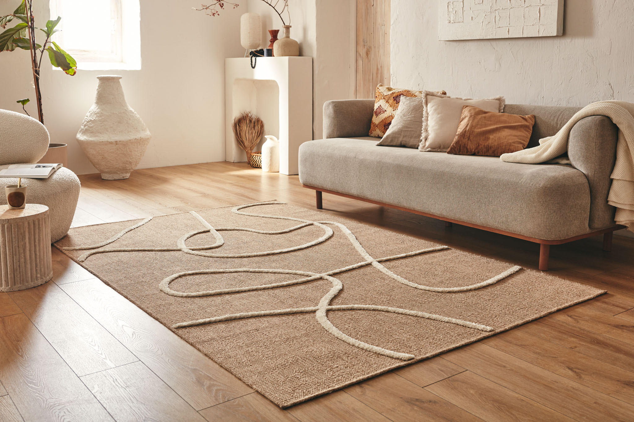 TEPPICH mit Jute-Optik Linien weiß Palma 120x170 cm - Weiß, Textil (150/170cm) - Nazar Rugs