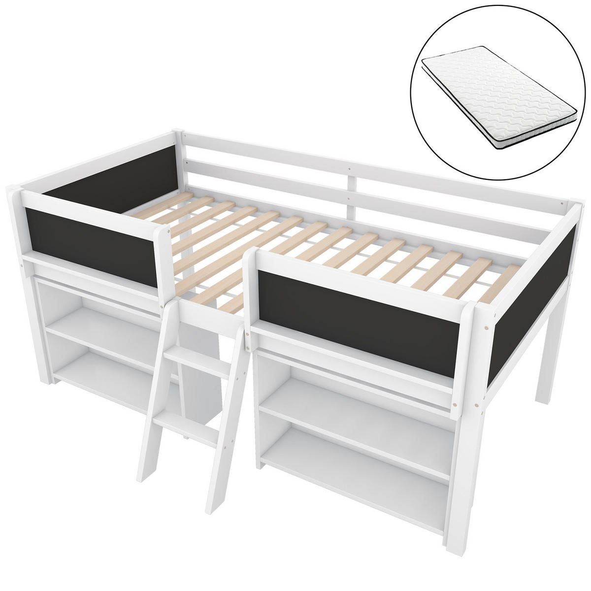 HOCHBETT 90/200 cm weiß mit Aufbewahrung und Sicherheitsgeländer mit Matratze - Weiß, Holzwerkstoff (90/200cm) - OKWISH