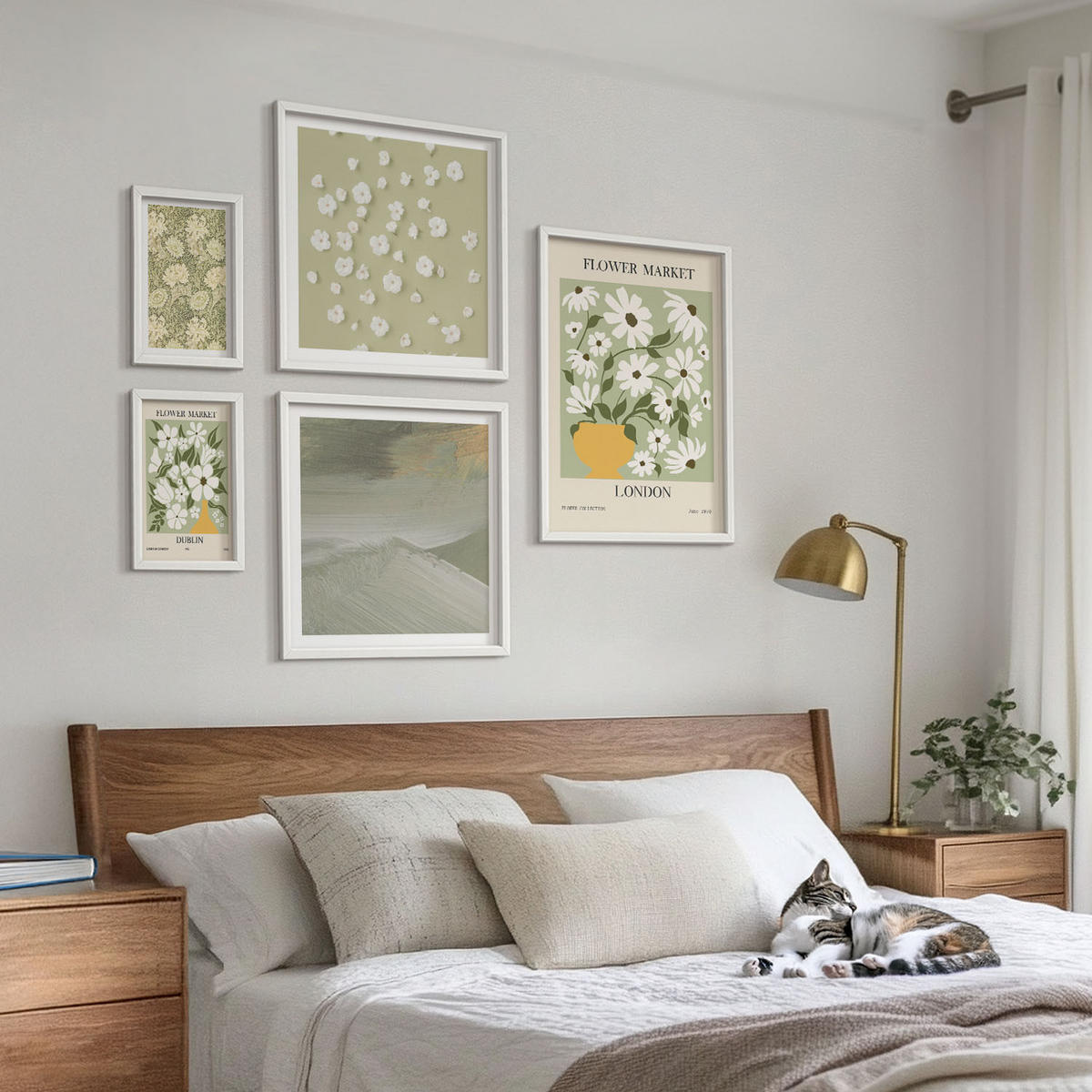 BILDER SET 5er Set - 50x50 cm & 20x30 cm & 40x60 cm Weißer Rahmen - Florale Abstraktionen im Boho-Stil - Weiß, Kunststoff (40/60cm) - TULUP
