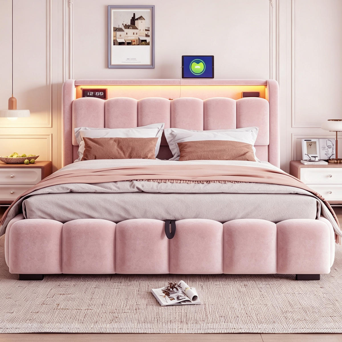 BOXBETT 180/200 mit LED/USB-C, Samt, Rosa - Rosa, Holz (180/200cm) - LVHOM