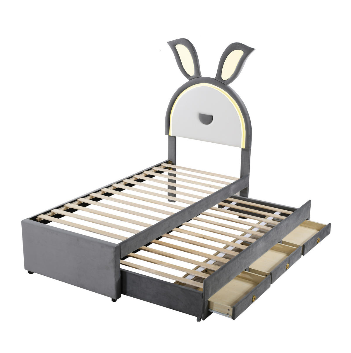 KINDERBETT 90/200 cm mit Ausziehbett, 3 Schubladen, LED-Beleuchtung und Samtbezug, Grau - Grau, Textil (90/200cm) - Redom