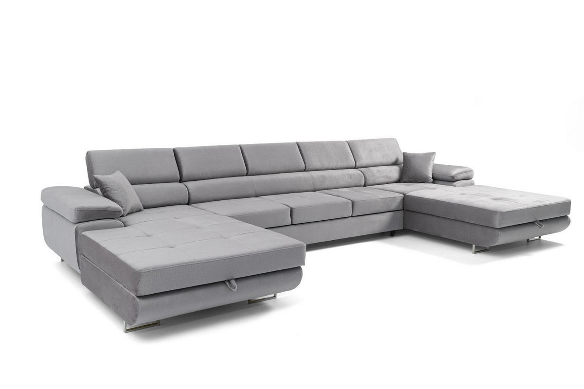 ECKSOFA U-Form ALONZO MAXI U mit Schlaffunktion 125x318 Velours Grau - Silberfarben/Grau, Holz/Textil (400/90/203cm) - Muffo