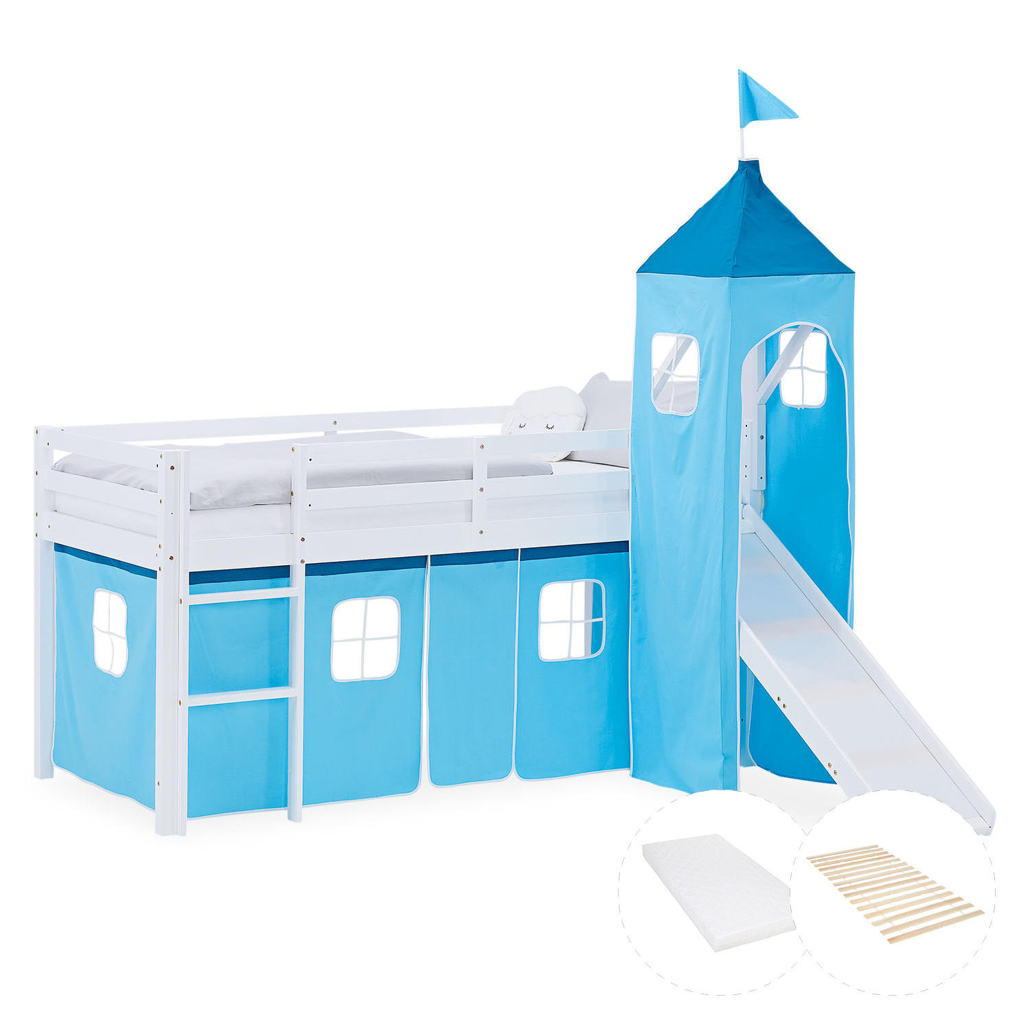 Homestyle4u Hochbett Blau, Weiß 90x200 cm