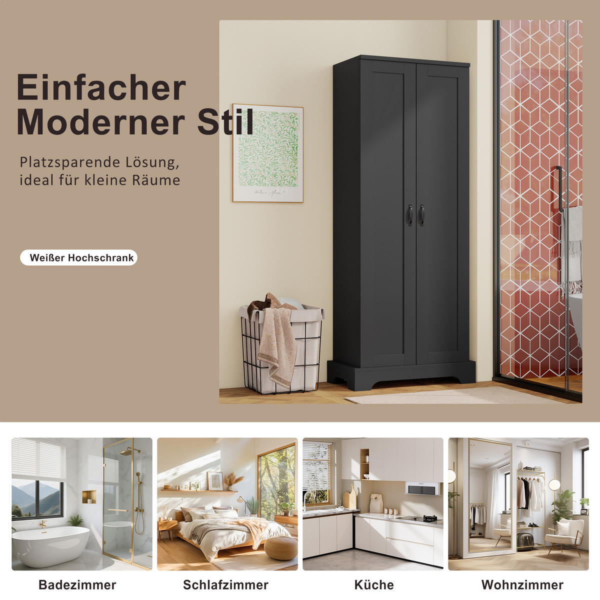 HOCHSCHRANK 56/40/170 cm Schwarz mit Doppeltüren und 4 Ablageflächen - Schwarz, Holz/Holzwerkstoff (40/170/56cm) - Oxeza