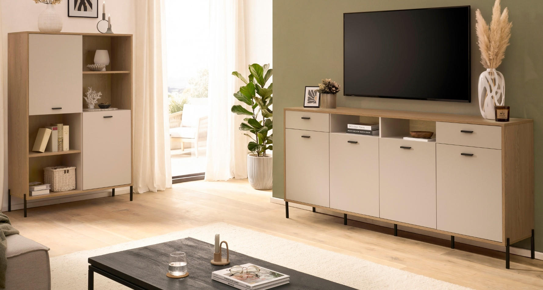 WOHNWAND Kaschmir, Eiche 320 cm Set 2-teilig, Wohnkombination mit Soft-Close - Kaschmir/Eichefarben, Glas/Holzwerkstoff (320/160/40cm) - Furn.Design