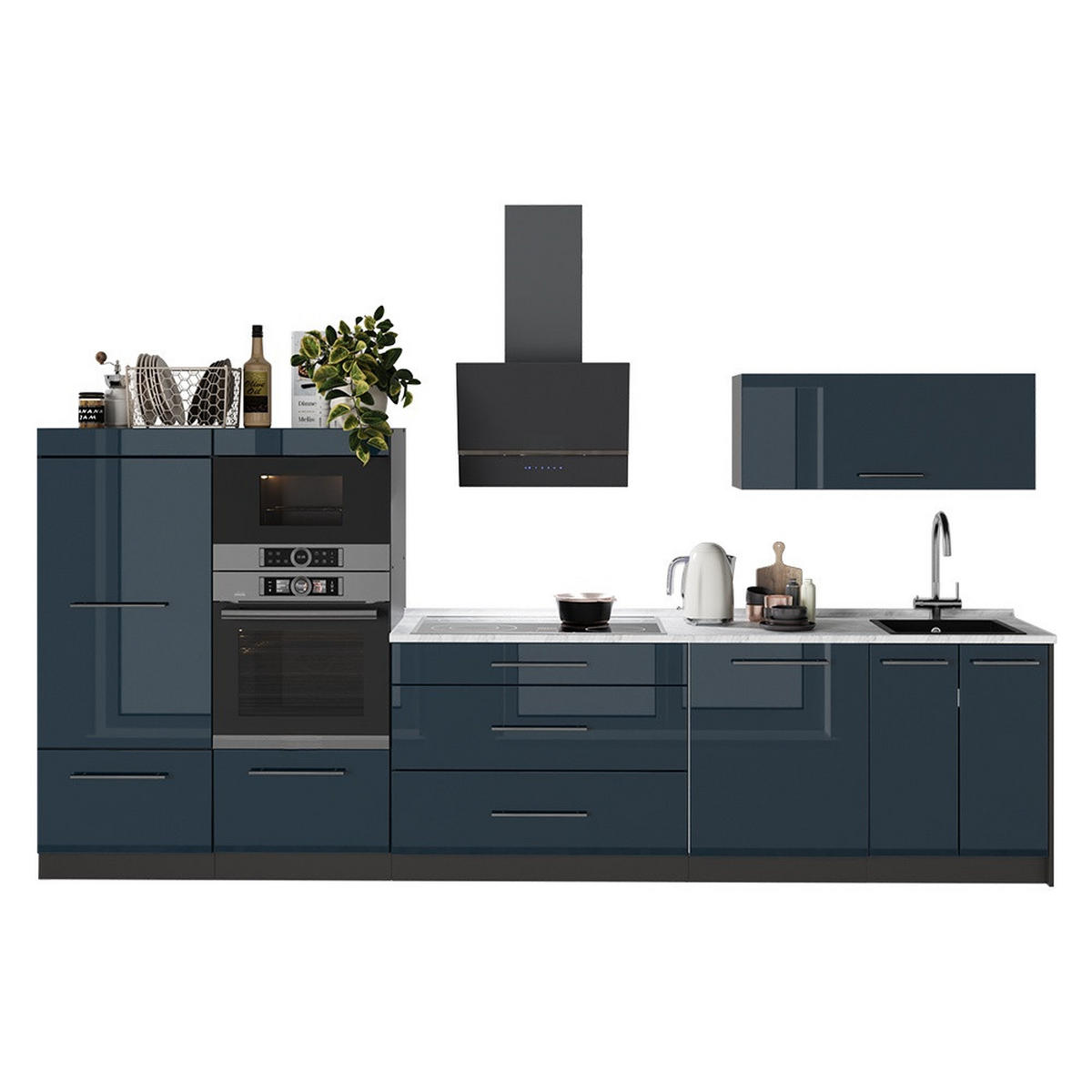 KÜCHENZEILE Fame-Line, Dunkelblau Hochglanz/Anthrazit, 340 cm, AP Marmor - Anthrazit/Dunkelblau, Holzwerkstoff (340/153.6/60cm) - Vicco