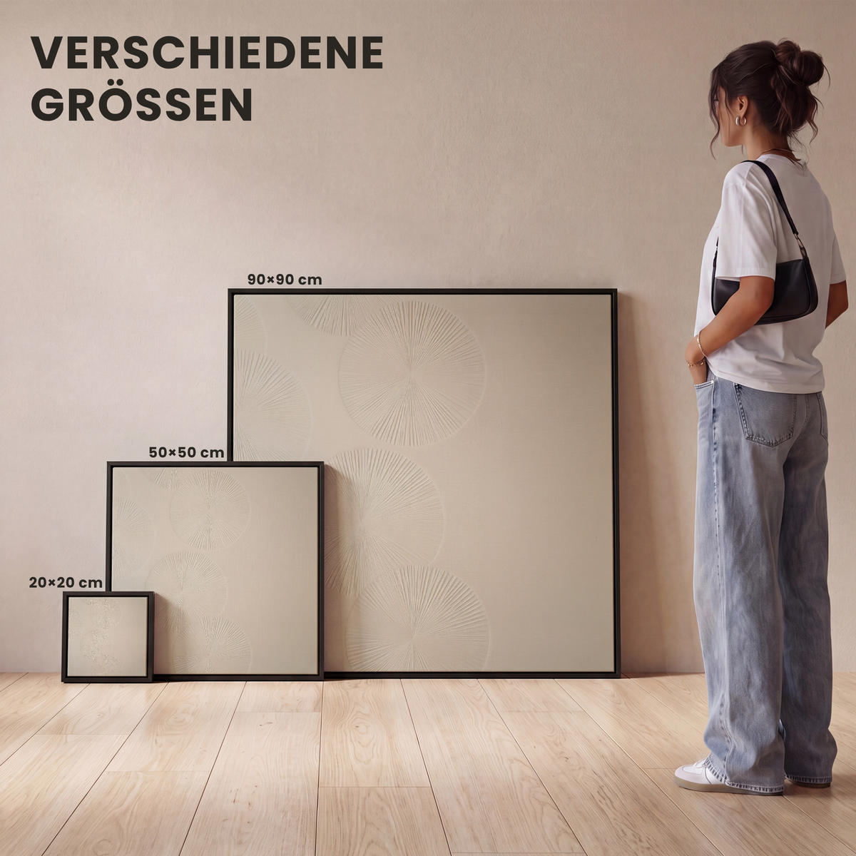 LEINWAND Bilder mit Rahmen - Japandi - Beige - Modern - 90x90 - Ecru, Textil (90/90cm) - MuchoWow