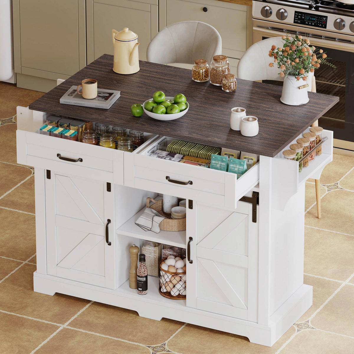 KÜCHENINSEL 120/45(70)/91 cm aus MDF mit klappbarer Arbeitsplatte, Schiebetüren und Rollen, Braun/Weiß - Braun, Holzwerkstoff (120/91/70cm) - Redom