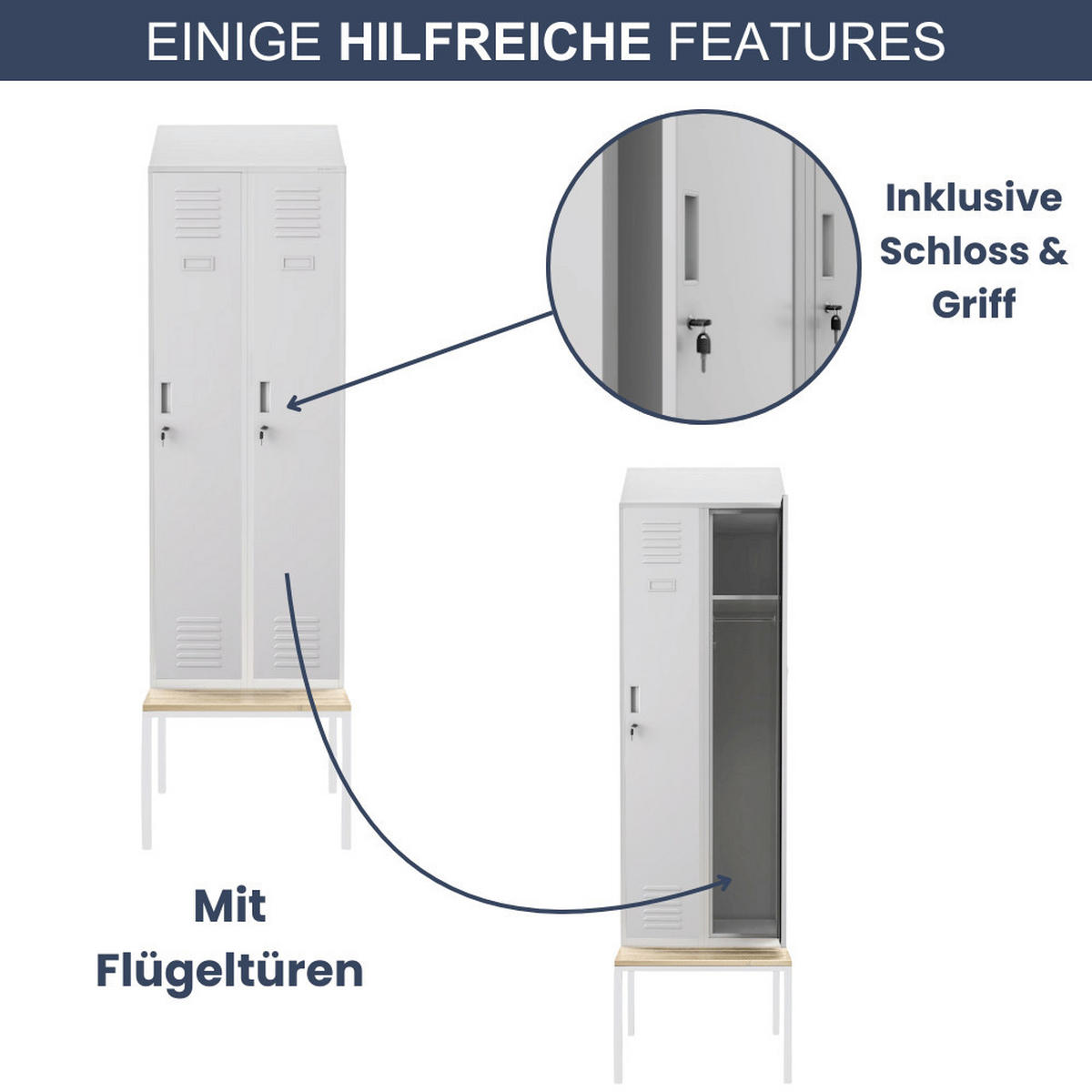 UMKLEIDESCHRANK Spind mit Sitzbank BARCA 2 Abteile 229,5x60x85cm Grau - Grau, Metall (60/229.5/85cm) - DELUKE