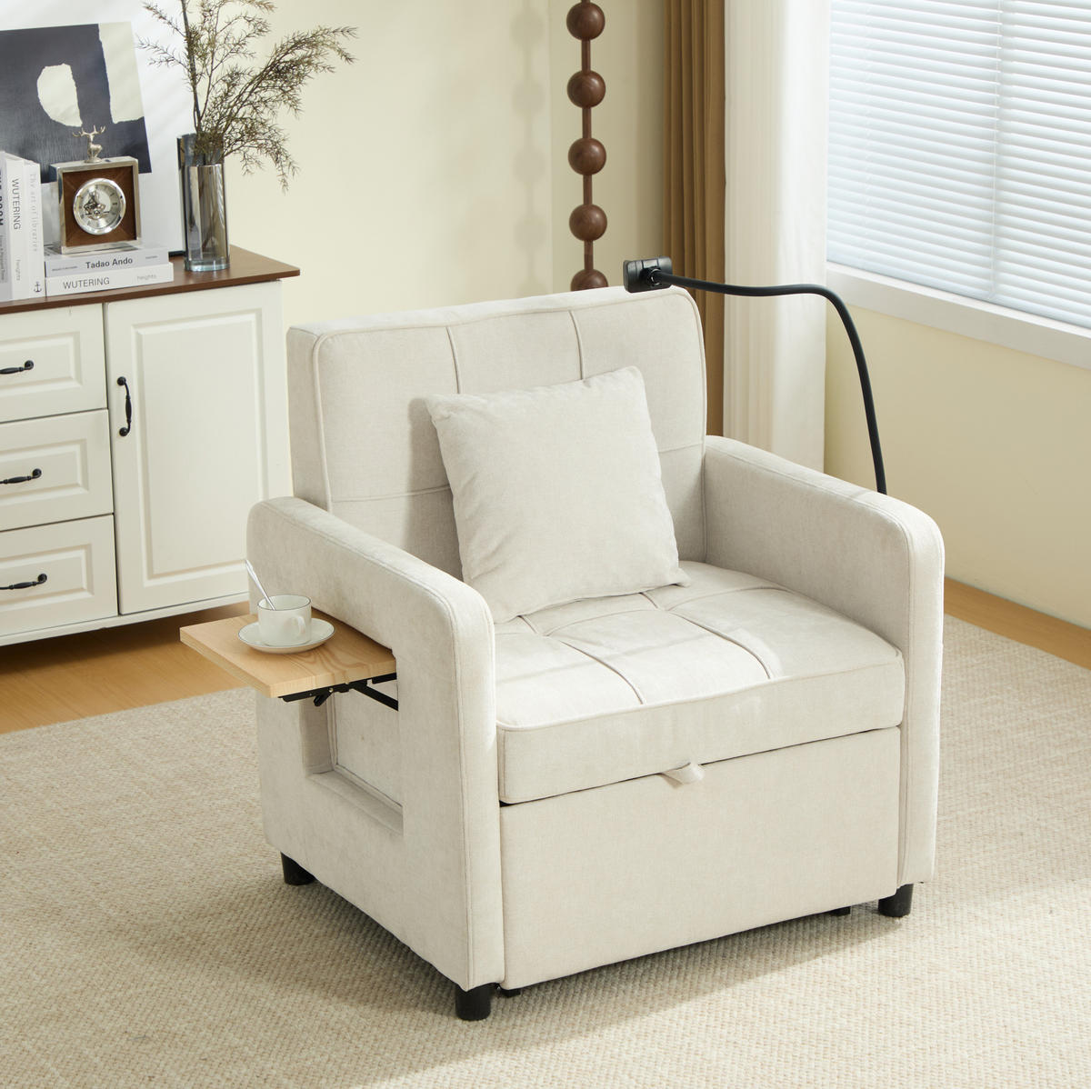 SCHLAFSESSEL 167/79/83 cm Beige aus Chenille mit verstellbarer Rückenlehne und Stauraum - Beige, Textil (79/83/167cm) - OKWISH