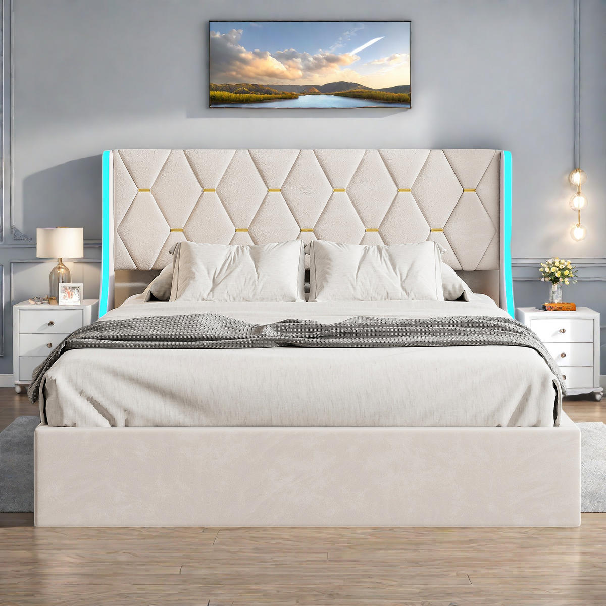 POLSTERBETT 140x200 Beige Samt LED - Beige, Holzwerkstoff (140/200cm) - SHOPENTRA