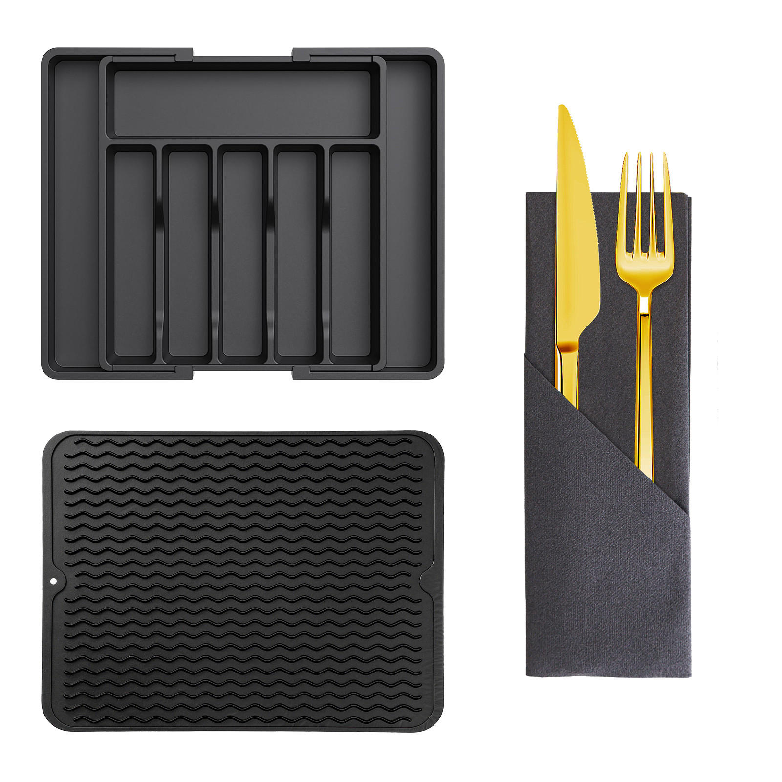 BESTECK Organizer Schublade ausziehbar 3-teilig Küchen Ordnungssystem Set - Schwarz, Kunststoff