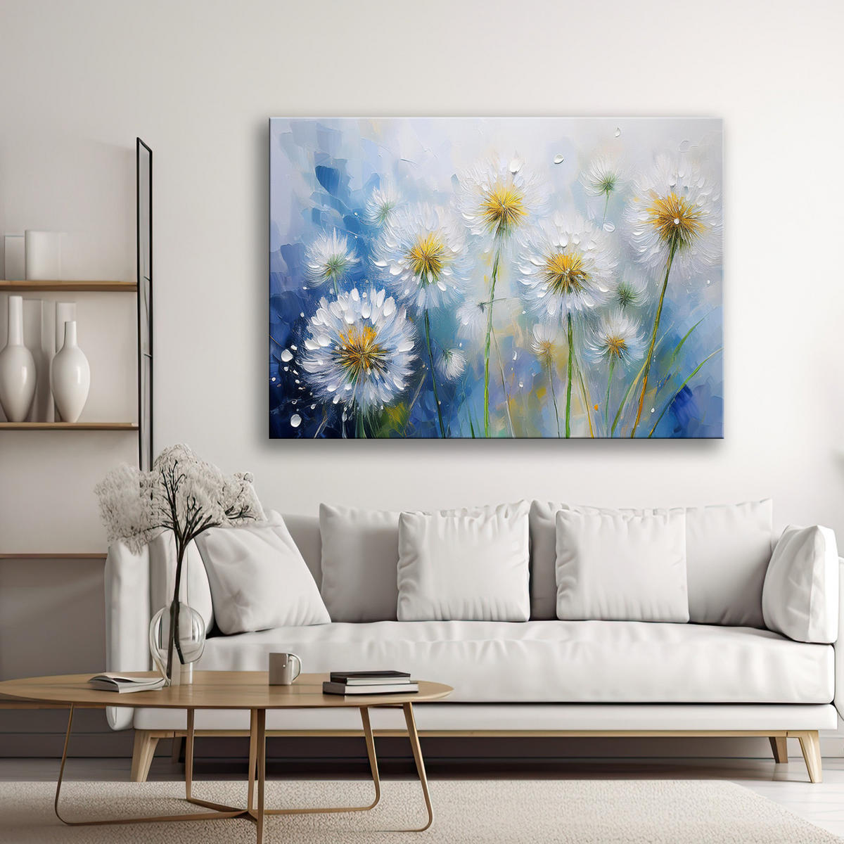 WANDBILD löwenzahn pflanzen blumen tautropfen - Blau, Textil (60/40cm) - Feeby