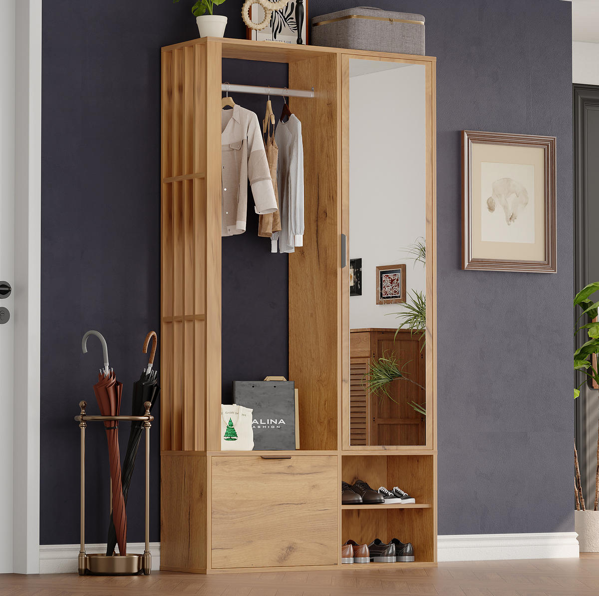 GARDEROBENSCHRANK 100/33/190 cm aus Spanplatte mit Spiegel und Kleiderstange Natur - Naturfarben, Holzwerkstoff (33/190/100cm) - Modenvie