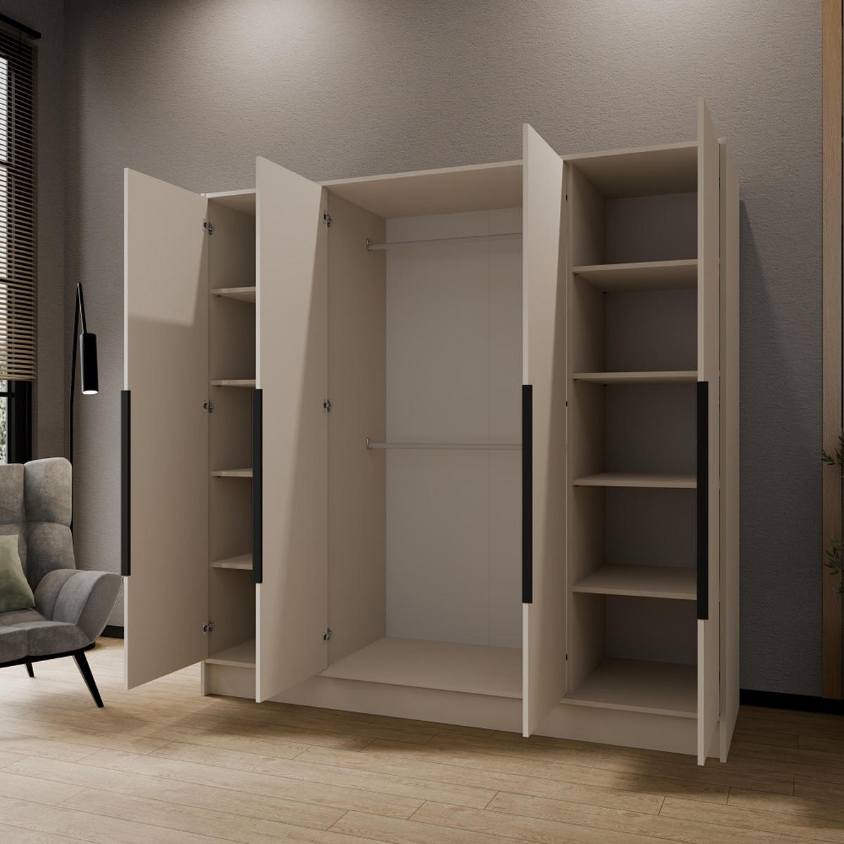 DREHTÜRENSCHRANK Pavia ohne Spiegel, Kaschmir mit mit schwarzen Griffen, 200 cm - Kaschmir, Holzwerkstoff (200/200/51cm) - Beautysofa