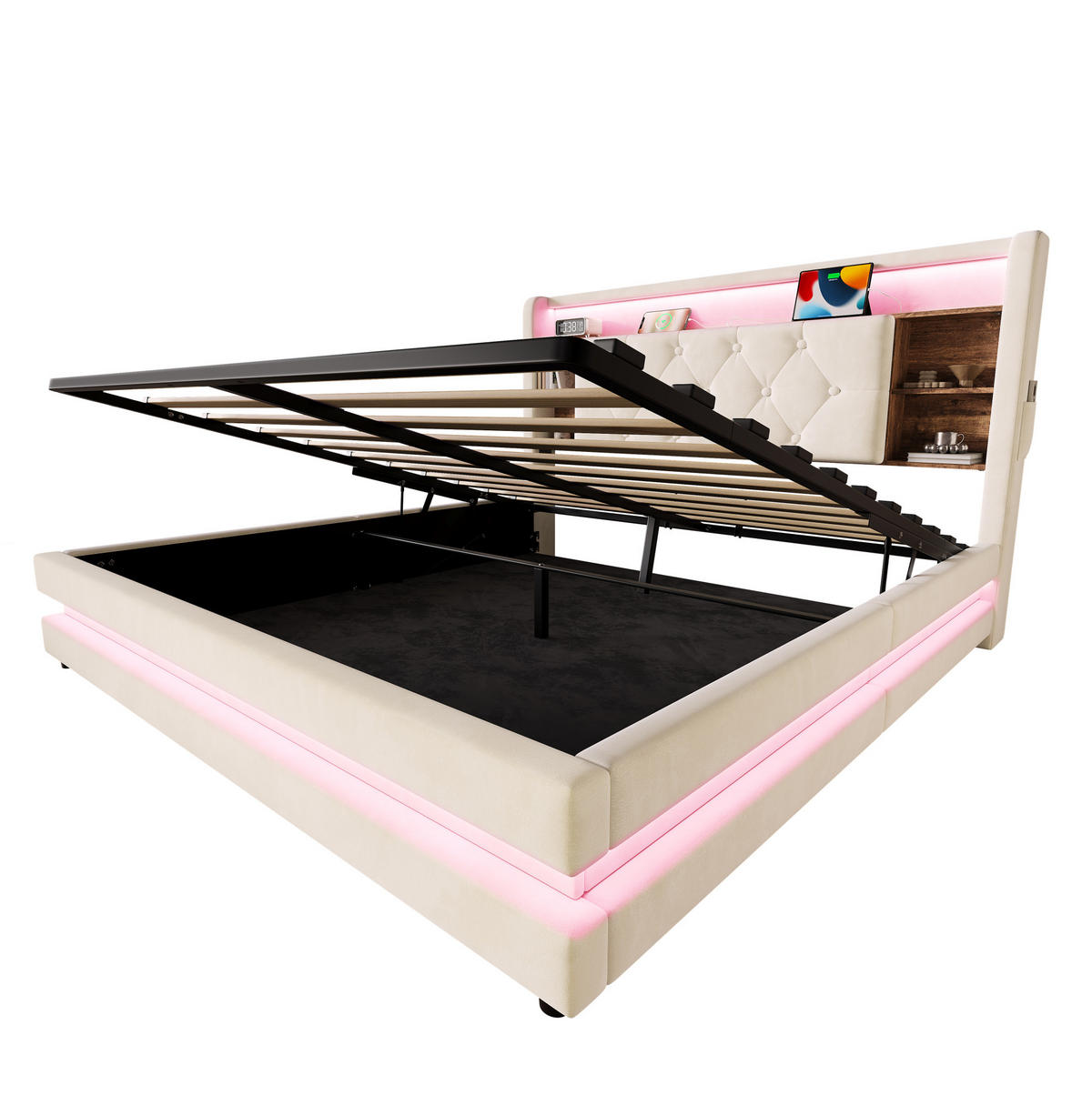 POLSTERBETT aus Samt 140x200 cm Beige mit Bettkasten, LED-Beleuchtung und USB-/Type-C-Anschlüssen - Beige, Textil (140/200cm) - Modfu