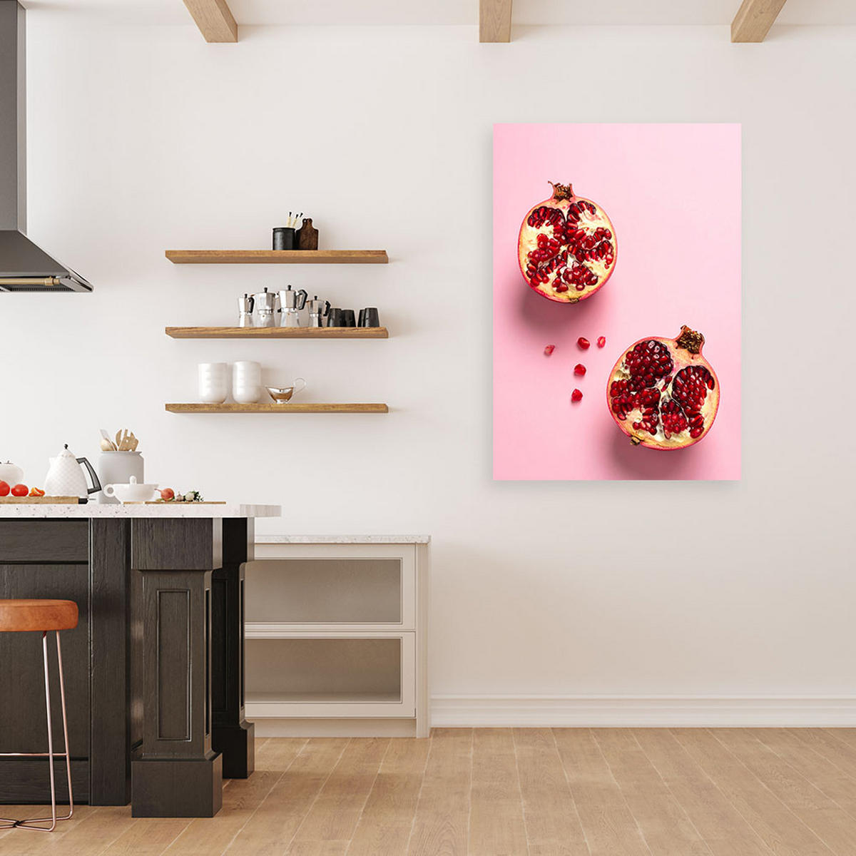 BILD auf Leinwand, Ein geöffneter Granatapfel mit verstreuten Kernen auf rosa Hintergrund. - Rosa, Textil (80/120cm) - Feeby