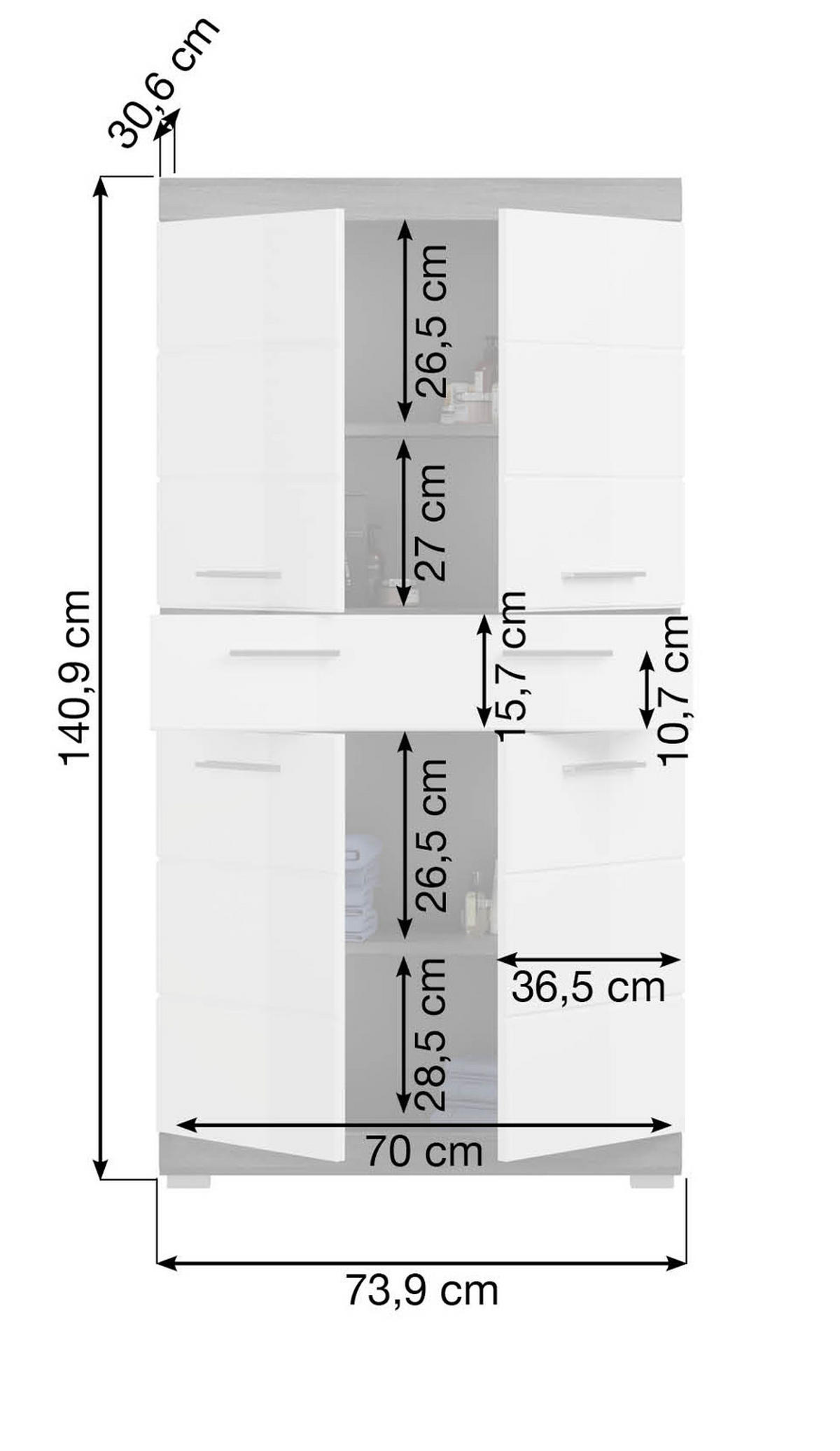 BADMÖBEL-SET weiß Hochglanz, grau 4-teilig 186 cm, Kombination mit viel Stauraum - Weiß Hochglanz/Grau, Holzwerkstoff (186/191/34cm) - Inn.Furn