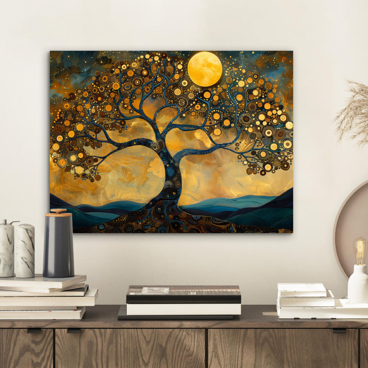 KOVOVÝ OBRAZ Strom - Mesiac - Kvety - Zlato - Umenie 40x30 cm - oranžová, kov (40/30cm) - MuchoWow