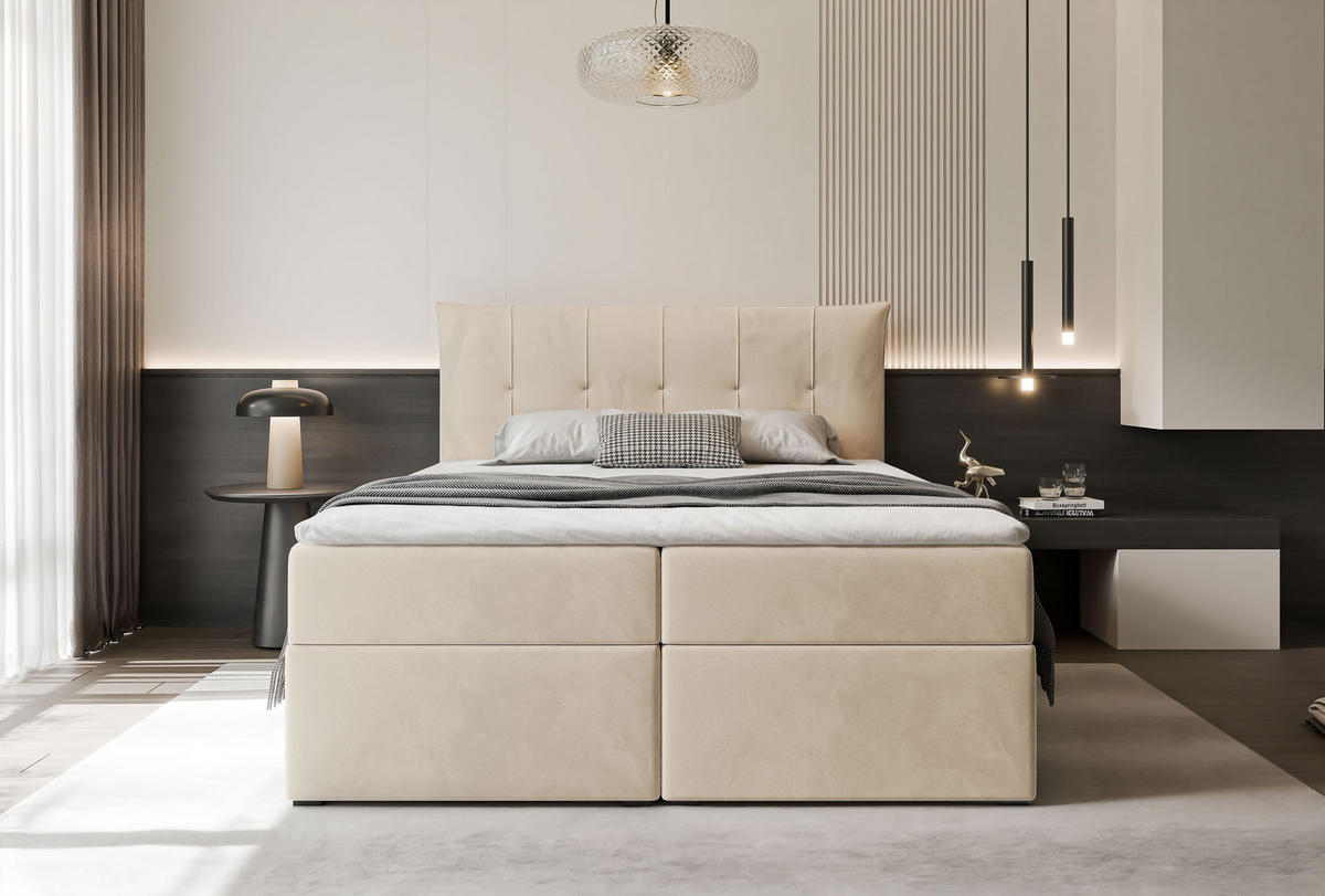 BOXBETT CHESTER 160/200 cm mit Matratze und Topper, Hellbeige - Sandfarben, Holzwerkstoff/Textil (160/200cm) - Idohome