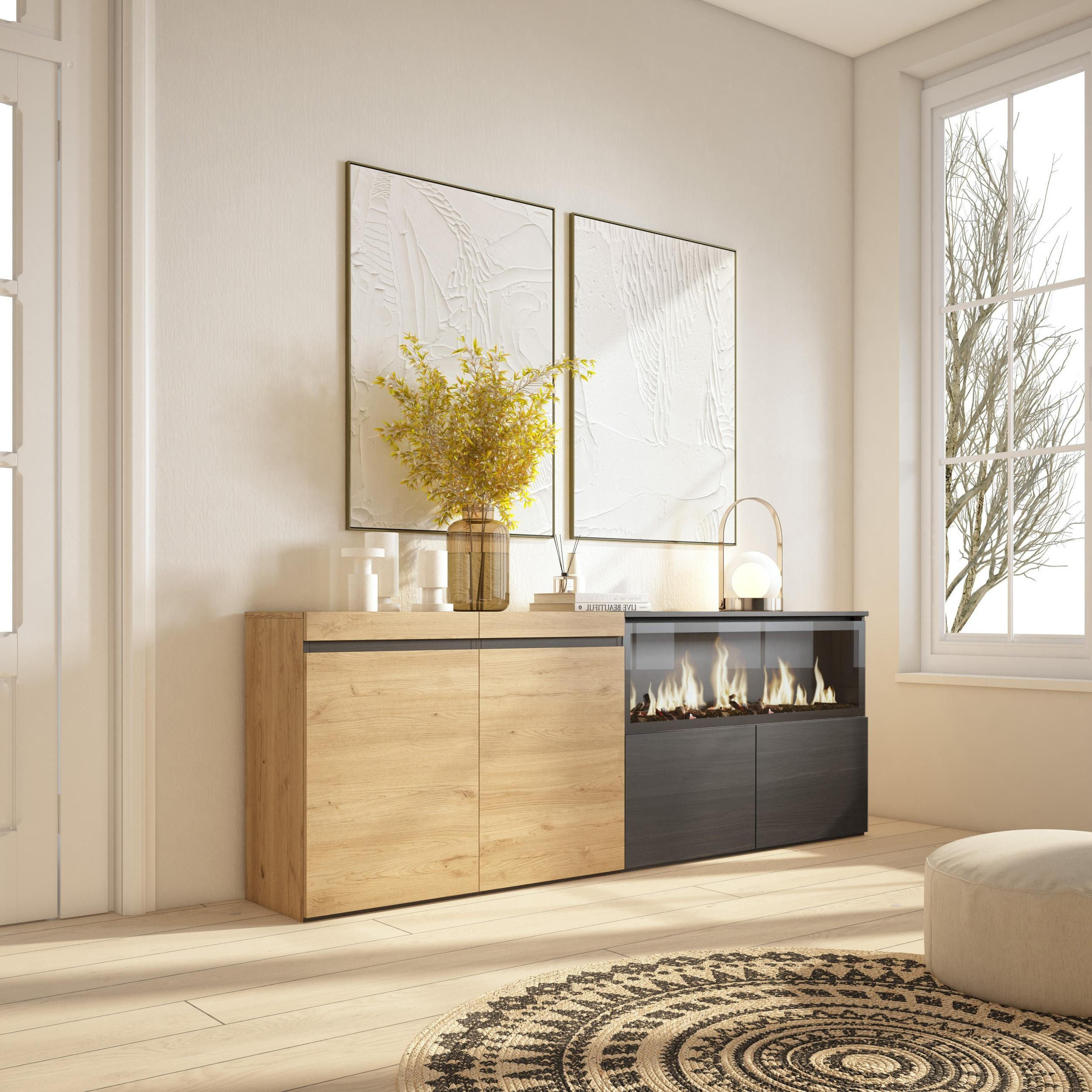 SIDEBOARD Highboard, Elektrokamin XXL, eiche, schwarz, 208/35/75cm - Eichefarben/Schwarz, Holzwerkstoff (208/75/35cm) - Skraut Home