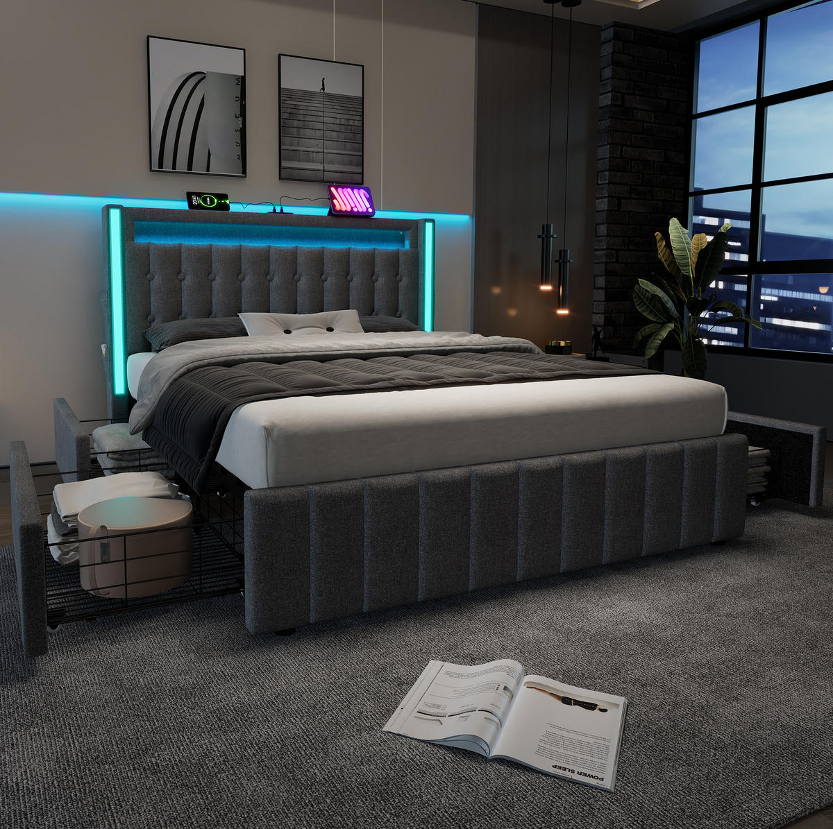POLSTERBETT 140/200 cm Grau mit USB-Ladefunktion und LED-Beleuchtung - Grau, Textil (140/200cm) - OKWISH