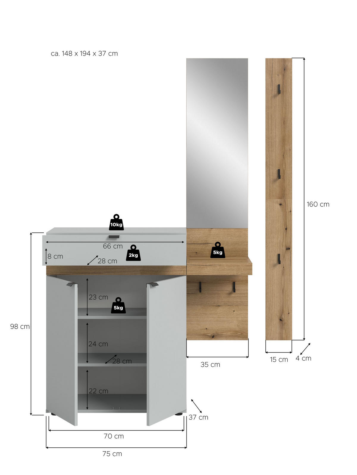 GARDEROBEN-SET NARO 3-tlg. (B/H/T: ca. 148/194/37 cm) in grau/grau - Grau, Holzwerkstoff (148/194/37cm)